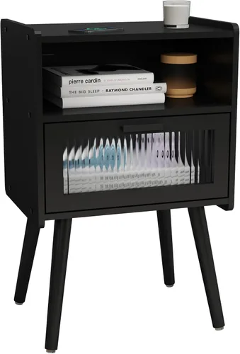 Miniatura 14 de Mesita de noche moderna de mediados de siglo, mesa auxiliar con almacenamiento, mesitas de noche con puerta de cristal, mesa auxiliar con patas