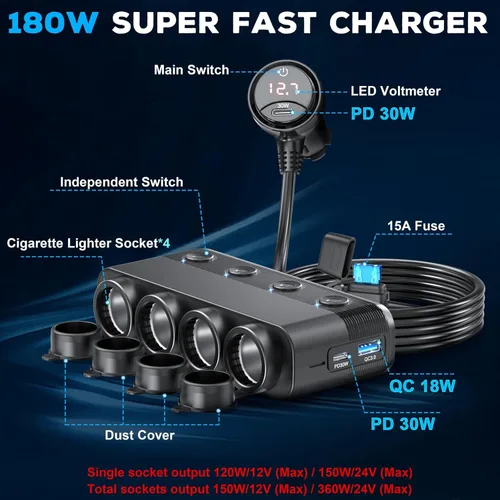 Miniatura 4 de Cargador de coche divisor de encendedor de cigarrillos, 300 W, 4 enchufes, adaptador de 12 V con doble PD 36 W y QC3.0 USB C multipuerto