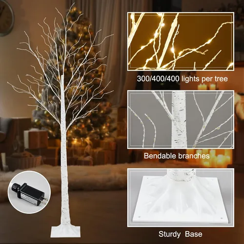 Miniatura 5 de Aurelema 6 piezas de árbol de abedul iluminado de 4 pies, 5 pies y 6 pies, 8 modos de Navidad, luces LED artificiales de color blanco cálido, árbol