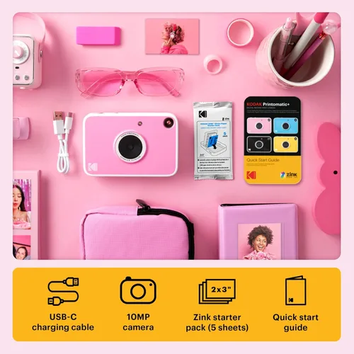 Miniatura 3 de Kodak Printomatic+ Paquete de inicio de cámara digital de impresión instantánea + funda de transporte (azul) + papel fotográfico Zink con parte Rosa