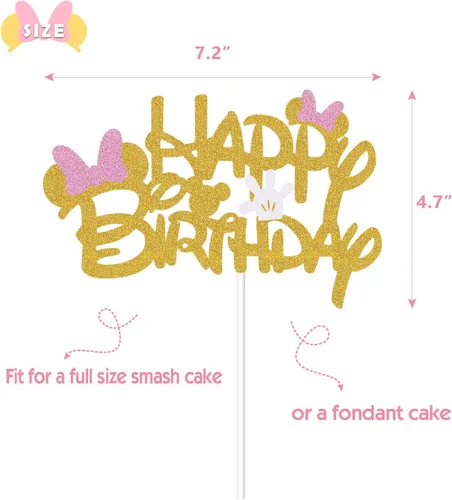 Miniatura 4 de Decoración de pastel de cumpleaños inspirada en Minnie con purpurina rosa y dorada con lazos rosas y guantes blancos para fiesta de cumpleaños