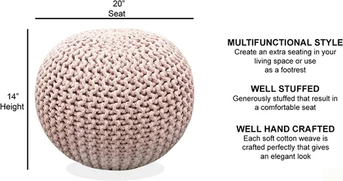 Miniatura 2 de FRELISH DECOR Puf redondo otomano tejido a mano, 100% algodón, puf reposapiés de punto - saco de frijoles tejido - silla de piso para sala de estar