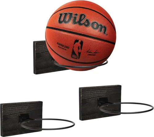 GENMOUS Set of 3 Wood Basketball Holder Wall Mount Display for Boys Room Decor, Metal Ball Rack Display Stand for Basketball Football Volleyball