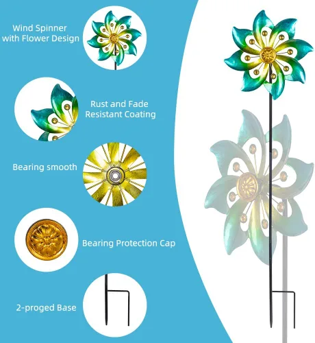 Miniatura 4 de DREAMYSOUL Molinetes de metal para jardín, 9.6 pulgadas de diámetro x 40 pulgadas de alto, molinetes de viento cinéticos para exteriores