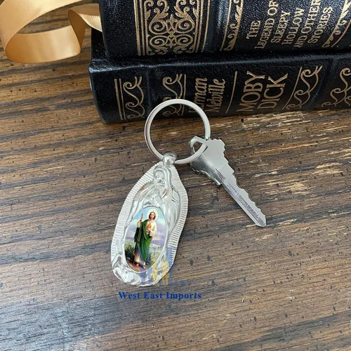 Miniatura 3 de 12 piezas de anillo de metal de San Judas Keychian favores de bautismo para niños y niñas Recuerdos de Bautizo San Judas (Wht)