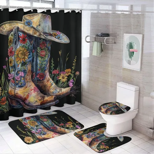 Miniatura 9 de Juego de 4 cortinas de ducha con gorro de bota con alfombras, cubierta para tapa de inodoro y tapete de baño, diseño de vaquero occidental
