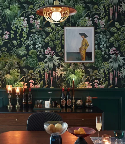 Miniatura 13 de Ismoon Papel tapiz verde para despegar y pegar, diseño bohemio floral y hojas en papel adhesivo grueso, papel adhesivo botánico oscuro, extraíble