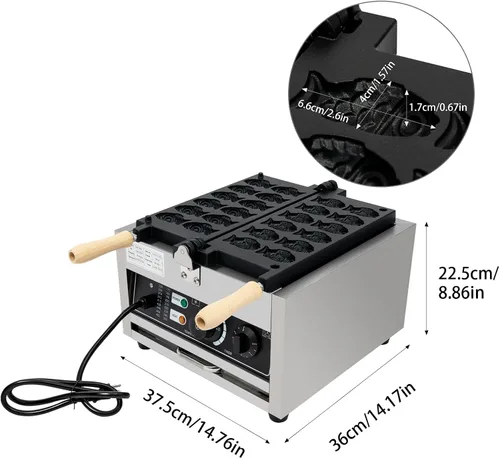 Miniatura 4 de Máquina para hacer gofres, 12 cavidades en forma de pez, para aperitivos y postres saludables, máquina de panqueques antiadherente de doble cara