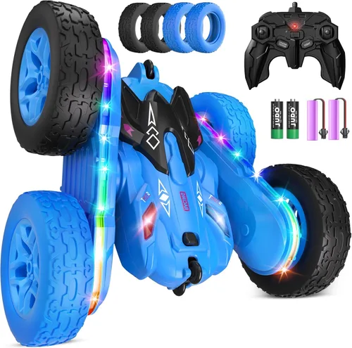 Miniatura 10 de Jimdella Auto de control remoto, autos RC con tira de luz lateral y faros, auto de acrobacias RC giratorio de doble cara de 360°, juguetes todo LED