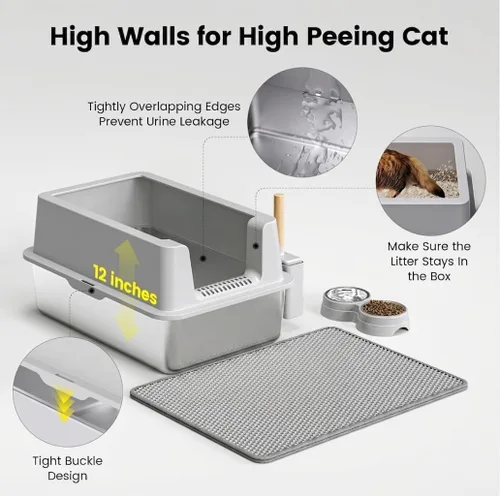 Miniatura 4 de Caja de arena de acero inoxidable para gatos - Caja de arena XL de metal cerrada con tapa para gatos grandes, de lados altos, anti-fugas, fácil