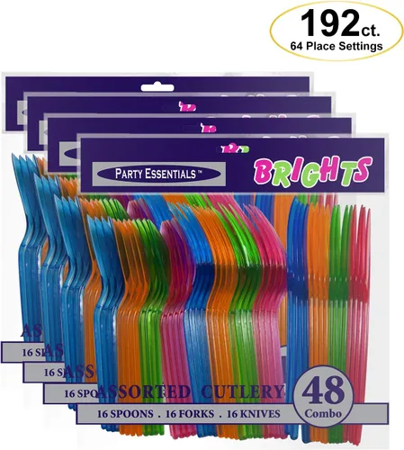 Miniatura 3 de Party Essentials Paquete combinado de cubiertos de plástico duro, 64 ajustes de lugar, varios colores de neón, N124890-4,192