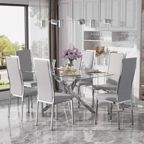 Miniatura 27 de Juego de mesa de comedor de cristal dorado moderno de 63 pulgadas para 6, juego de mesa de cocina rectangular de 7 piezas con patas de acero Negro