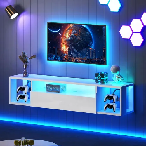 Miniatura 11 de DlandHome Soporte flotante para TV con luz LED, consola multimedia de 39.3 pulgadas, estante flotante para debajo del televisor con estante