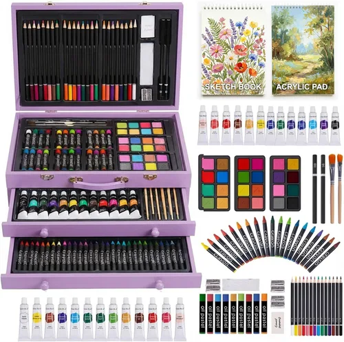 Miniatura 10 de Juego de 175 piezas de arte de madera de lujo con 2 almohadillas de dibujo, pinturas acrílicas, lápices de colores, lápices de colores, pincel, kit