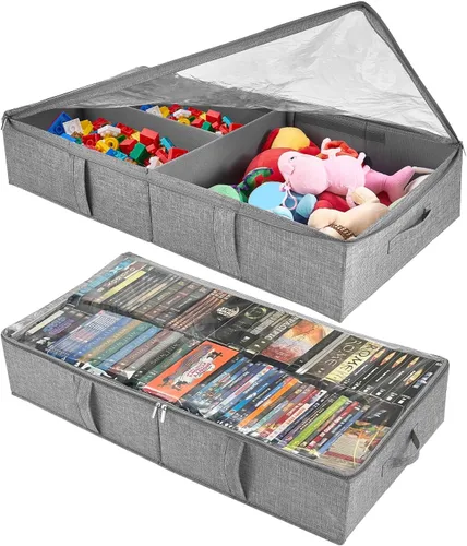 Paquete de 2 cajas de almacenamiento de juguetes debajo de la cama, organizador de juguetes gris con tapa de PVC transparente, contenedores de