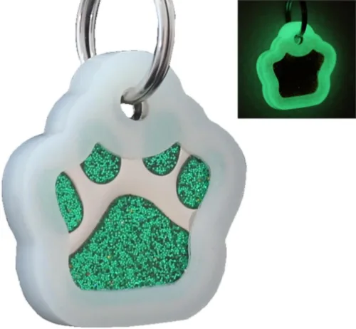 Etiquetas de identificación de mascotas, etiquetas para perros y gatos, fáciles de leer, con bonita huella de purpurina, Verde + silenciador.