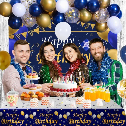 Miniatura 7 de Decoraciones de cumpleaños azules y doradas para hombres y mujeres, decoraciones de feliz cumpleaños para niños y niñas, decoración de fiesta, telón