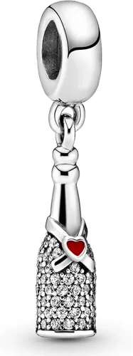 PANDORA Joyería botella de vino espumoso colgante colgante zirconia cúbica encanto en plata de ley, Metal Esmalte, Circonita Cúbica