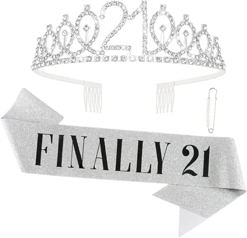 Miniatura 13 de CAVETEE Diadema de cumpleaños para mujer, decoraciones de cumpleaños número 21, banda y corona para fiesta de 21 años (azul, talla única)