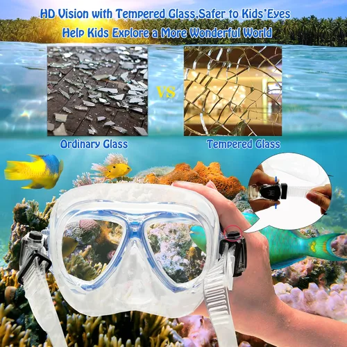 Miniatura 4 de Juego de esnórquel para niños con máscara, aletas, paquetes de esnórquel, con máscara de buceo, esnórquel, aletas ajustables para nadar, bolsa