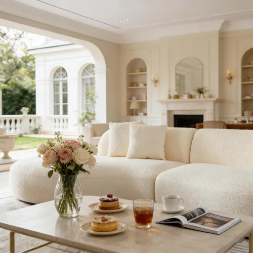 Miniatura 7 de Sofá curvado de lujo de 135.4 pulgadas, moderno sofá beige tapizado, cómodos sofás Boucle tapizados de gran tamaño con diván, sofás seccionales