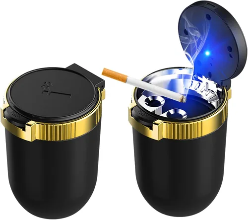 Miniatura 9 de Ohleats Cenicero de coche con tapa, cenicero desmontable de acero inoxidable con luz LED azul, cenicero portátil mini para vehículo, portavasos