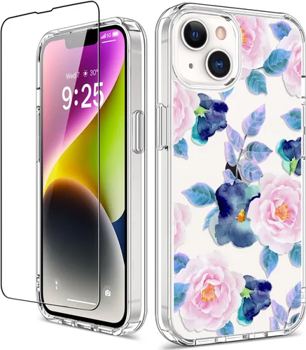 Miniatura 22 de Funda para iPhone 14 Pro con protector de pantalla, 6.1 pulgadas, transparente de cuerpo completo, a prueba de golpes, diseño floral, para niñas