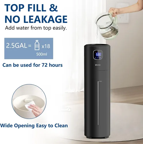Miniatura 3 de Akeshan Humidificadores Grandes para Dormitorio, 9L/2.5Gal Ultrasónico de Niebla Fría, Relleno Superior Fácil de Limpiar con Velocidad de Niebla