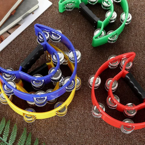 Miniatura 5 de Paquete de 4 panderetas de media luna para adultos, instrumentos musicales de percusión, pandereta de ritmo musical de doble fila para fiesta de KTV
