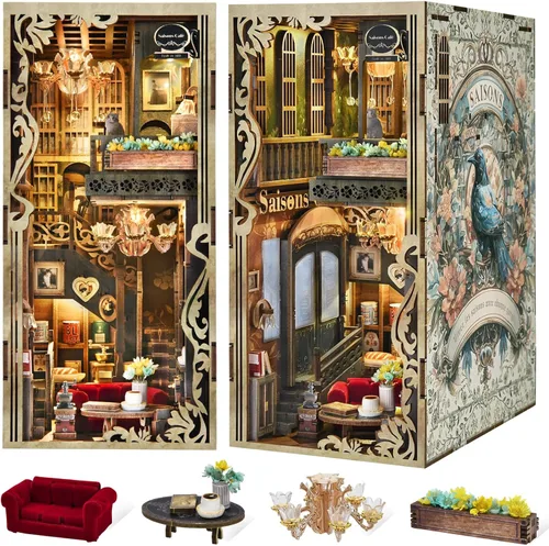 Miniatura 11 de MiniCity Kit de rincón de libros, kit de bricolaje en miniatura para casa de muñecas, rompecabezas de madera 3D, decoración con luz LED