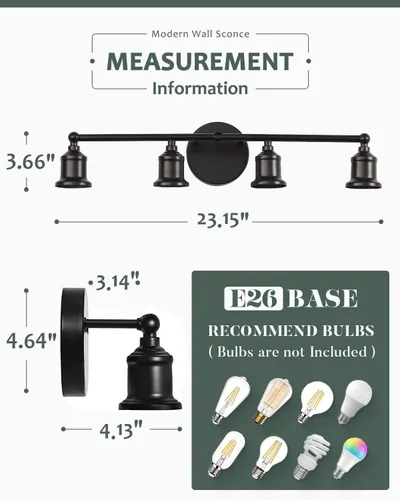 Miniatura 6 de Lámpara de tocador de 4 luces, aplique industrial de pared negra, lámpara de pared de baño de granja, lámpara de pared con base E26 vintage