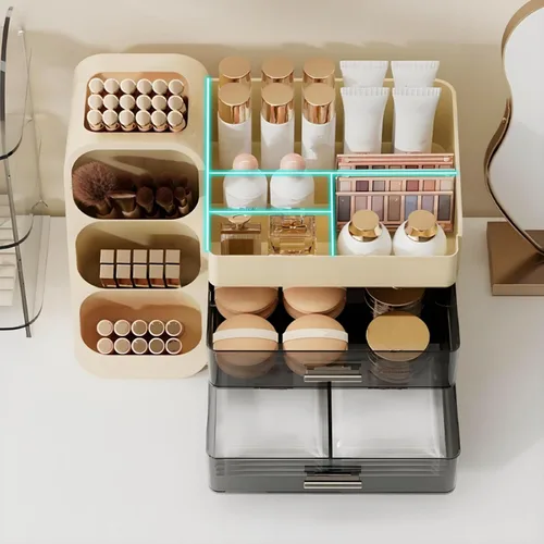 Miniatura 5 de Covzoe Organizador de maquillaje grande con soporte para pinceles, espaciosa vitrina de cosméticos con cajones para tocador, solución