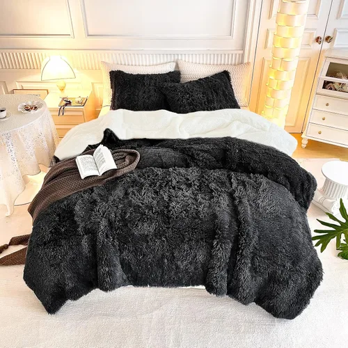 UOZZI BEDDING - Juego de edredón de pelo sintético negro, tamaño Queen, 3 piezas, 1 edredón afelpado negro de 90x90 y 2 fundas de almohada, ultra