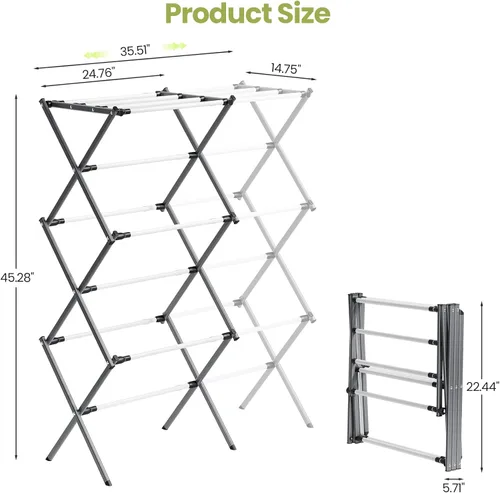 Miniatura 2 de APEXCHASER 3-Tier Foldable Clothes Drying Rack, Metal Expandable Laundry Rack, 45.28" Height, Adjustable Width 24.76-35.51", Space Saving, Indoor