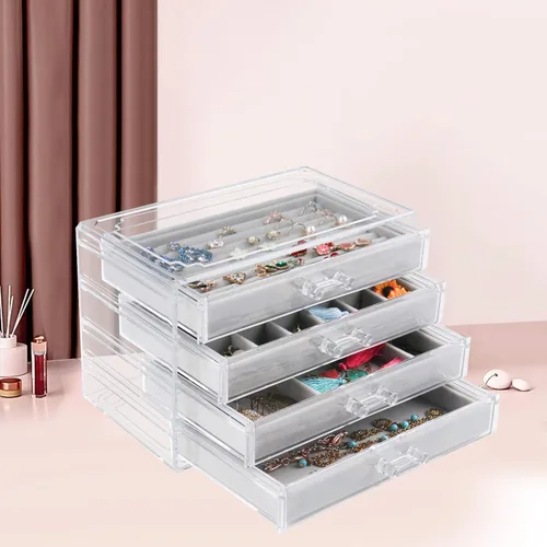 Miniatura 6 de Weiai Organizador de joyas acrílico caja de joyería transparente con 4 cajones vitrina de terciopelo para almacenamiento aretes anillos collares