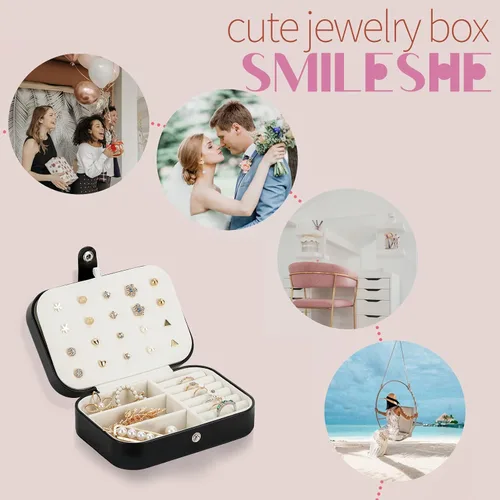 Miniatura 3 de Smileshe Joyero estuche de viaje portátil pequeño de piel sintética organizador de 2 capas cajas de almacenamiento para anillos aretes collares