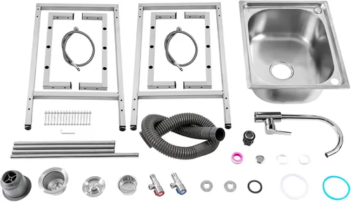 Miniatura 9 de Fregadero utilitario independiente de cocina de un solo tazón con grifo, fregadero de acero inoxidable con moldeado integrado para lavadero, baño