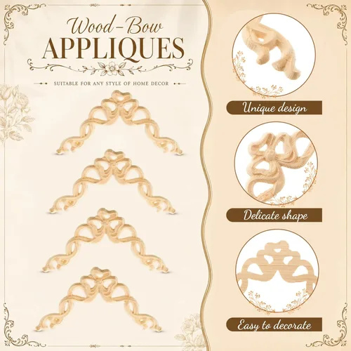 Miniatura 3 de Yalikop 5 piezas de apliques de arco de madera Onlays decorativos DIY arco de madera apliques y onlays para muebles, rosa para puerta de cama