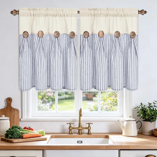 BLEUM CADE Cortinas de Cocina de Granja de Lino y Algodón de 24 Pulgadas Cortinas de Nivel Bohemias Rústicas con Botones Color Natural/Azul a Rayas