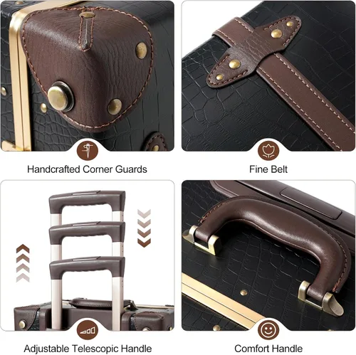 Miniatura 8 de urecity Juego de 2 maletas vintage, maleta retro con ruedas para hombres y mujeres, lindo juego de equipaje de viaje de diseñador con bolsa