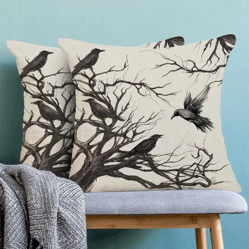 Miniatura 2 de Fundas de almohada de Halloween de 18 x 18 pulgadas, 2 piezas, fundas de almohada decorativas de cuervos en árbol negro para sofá, funda de cojín
