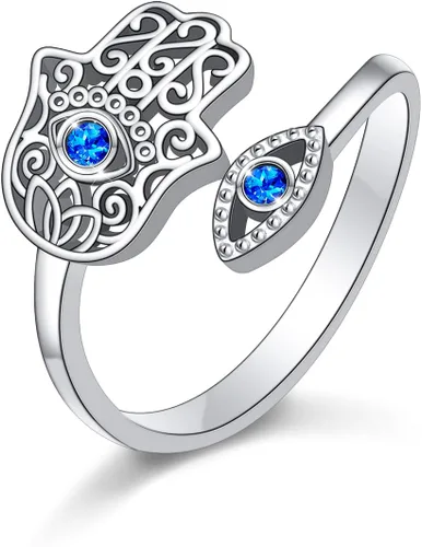 Hamsa Hand of Fatima Lotus Evil EyeLove HeartButterflyRose Spoon Adjustable Open Rings 925 Sterling Silver Statement Ring Jewelry Gifts for Women