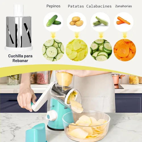 Miniatura 3 de Rallador de queso giratorio X Home para cocina, triturador con 3 cuchillas intercambiables, rallador giratorio con mango y base de succión fuerte