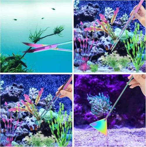 Miniatura 7 de Kit de herramientas de acuario de 15 pulgadas, 4 en 1 antioxidante, herramienta de paisajismo acuático de acero inoxidable, pinzas plateadas
