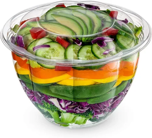 Miniatura 10 de GUSTO 50 cuencos de ensalada de plástico transparente con tapas, recipientes de ensalada desechables, perfectos para llevar, ensaladas y preparación