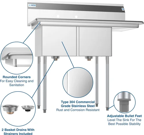 Miniatura 3 de KoolMore Fregadero de Preparación y Utilidad de Cocina Comercial NSF de Acero Inoxidable de 2 Compartimentos con Escurridor - Tamaño del Tazón 14" x
