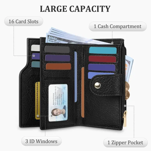 Miniatura 4 de Airkit Billetera pequeña plegable para mujer, con bloqueo RFID, tarjetero con cremallera, cartera de viaje con bolsillo para monedas, color negro