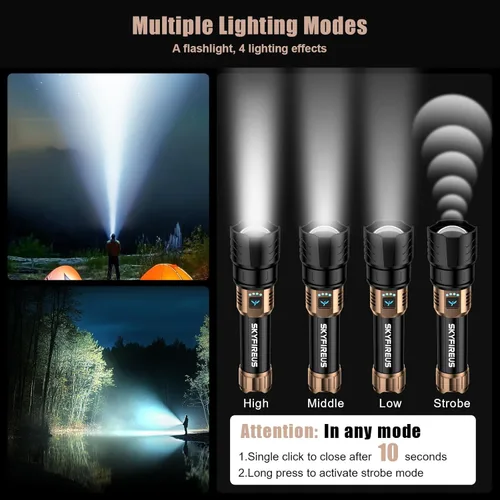Miniatura 4 de SKYFIRE Linterna recargable de alto lúmen, súper brillante, con zoom, cuatro modos, linterna LED impermeable para camping esencial, emergencias al