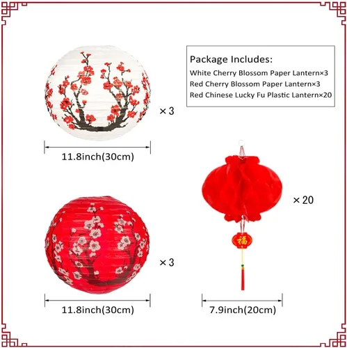 Miniatura 2 de Hibach - Juego de 26 linternas de papel chinas japonesas con flor de cerezo rojo, 12 x 8 pulgadas para temática asiática, cumpleaños, hogar