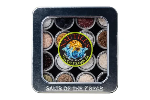 Sales de los 7 Seas Nautilus Gourmet Sea Salt Sampler en una lata personalizada en relieve
